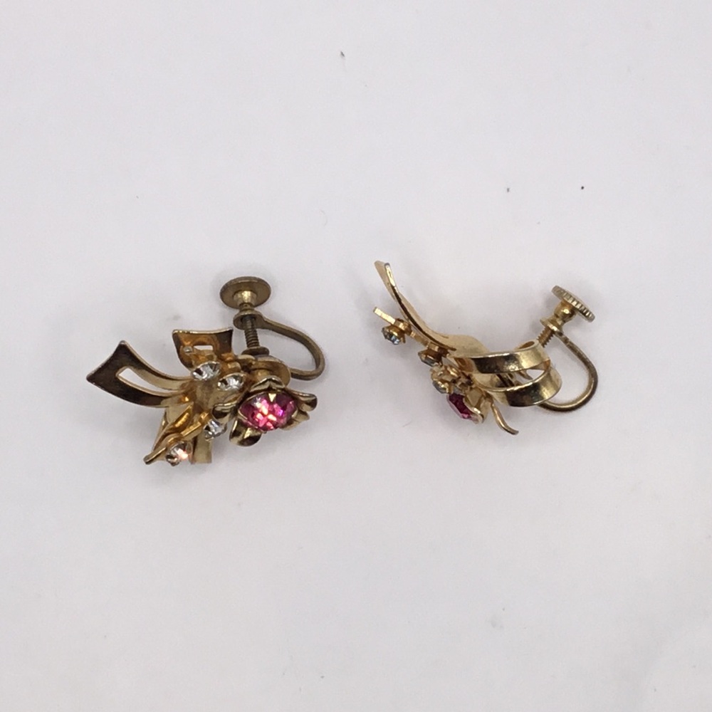 Vintage Pink Rhinestone Bow Ribbon Brooch/Pendant Earrings Set - Picture 7 of 10